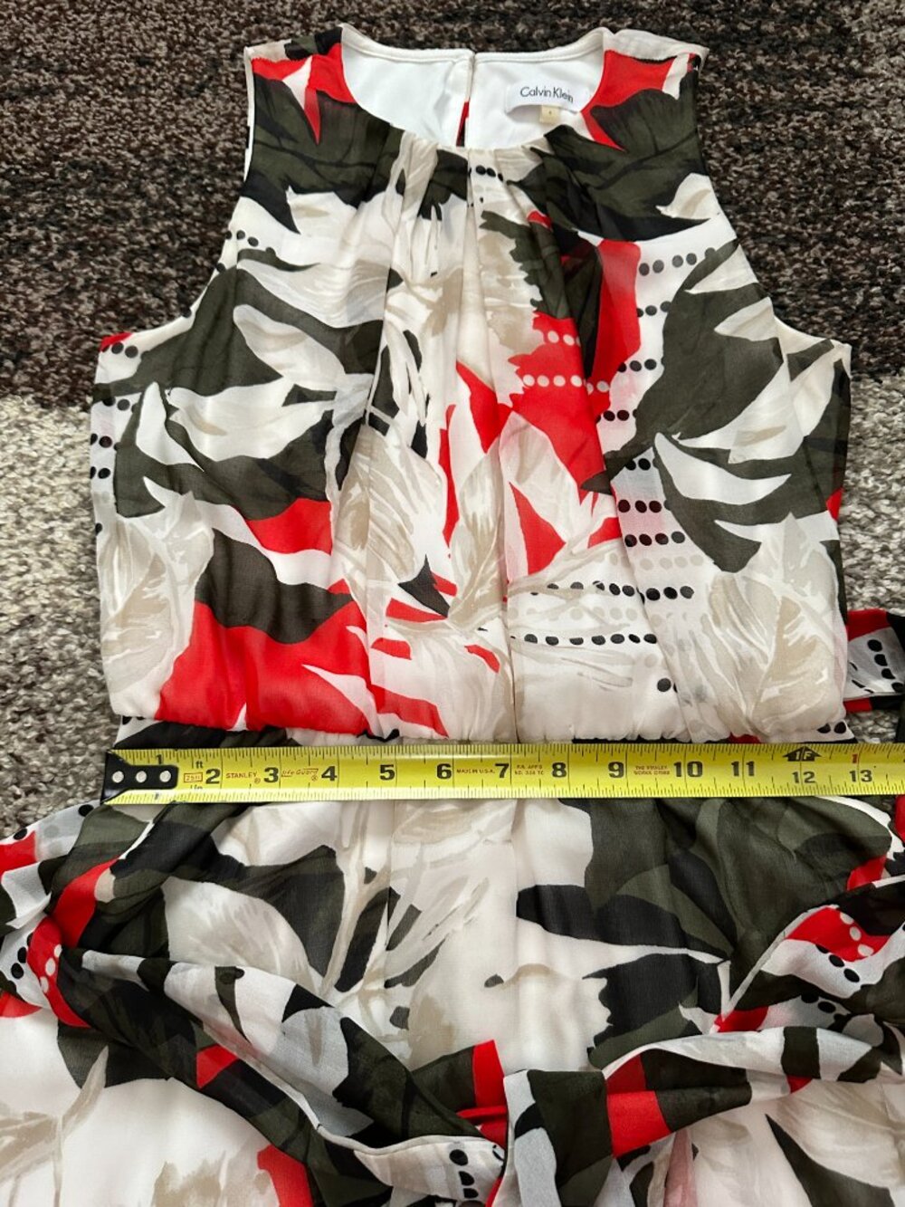 CALVIN KLEIN (Size 4) Chiffon Overlay Floral Dress Maxi Long Red Green White Tie - Picture 9 of 16